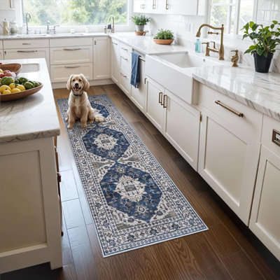 Hallway Washable Rug - Kitchen Rugs Entryway Rug Vintage Soft Floor Mat Non Slip Indoor Farmhouse Carpet for Bathroom Living Room Bedroom (Blue)
