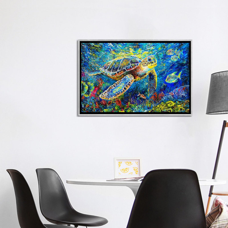«Ocean Symphony Turtle's Coral Haven», reproduction d'art mural encadrée, H 26 po x l 40 po, Argent argent