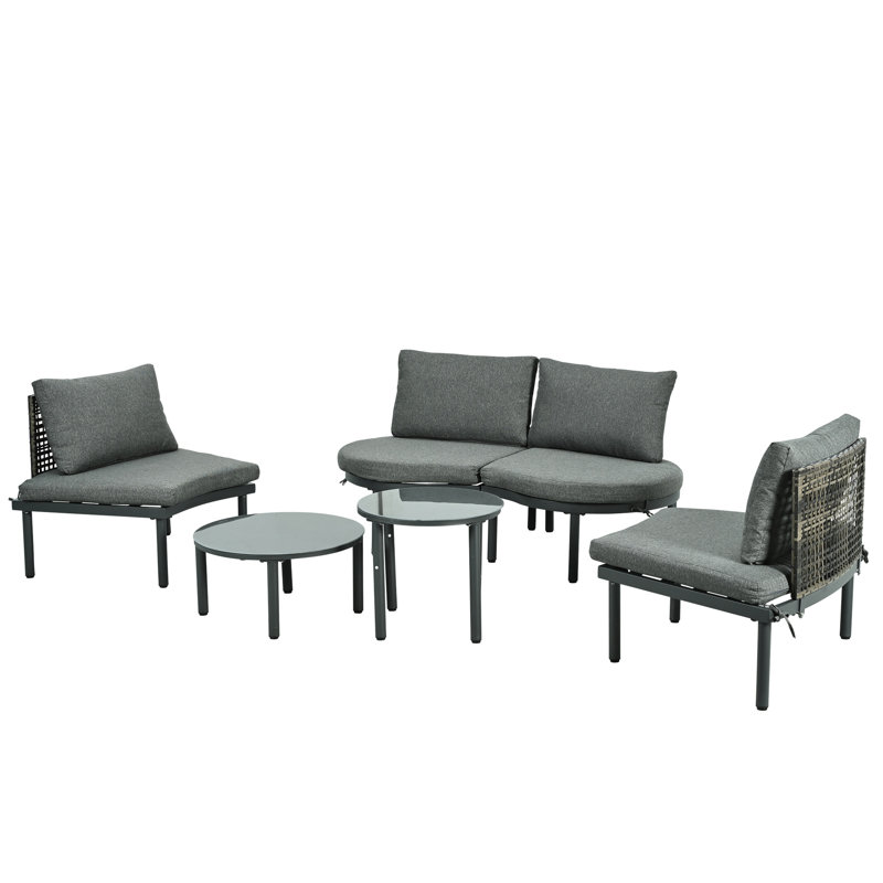 Half Moon Outdoor Sectional 6 - Piece Group With 2 High Low Coffee Tables, Pe , Tempered Glass, 4 Removable Zippered Seat Cushions For Poolside Patio Furniture Design, Garden