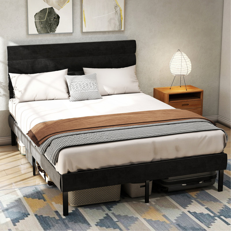 Base de lit tapissier grand format avec tête de lit, aucun sommier requis, rangement sous le lit 14 po, Noir, Grand lit