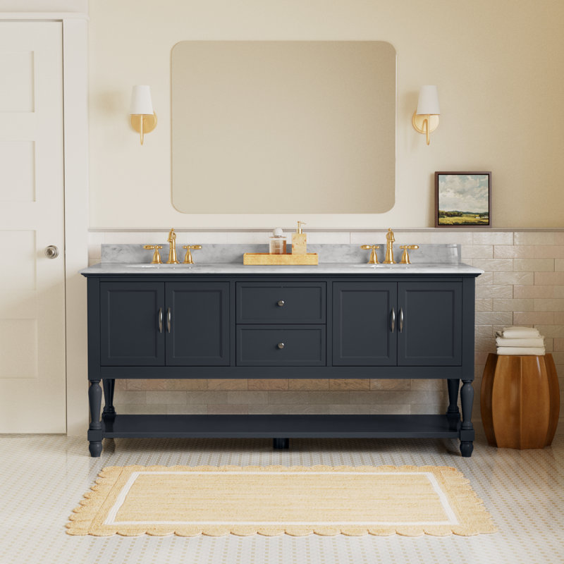Hampton 72'' Double Bathroom Vanity with Top, Carrara Marble, Marine Gray