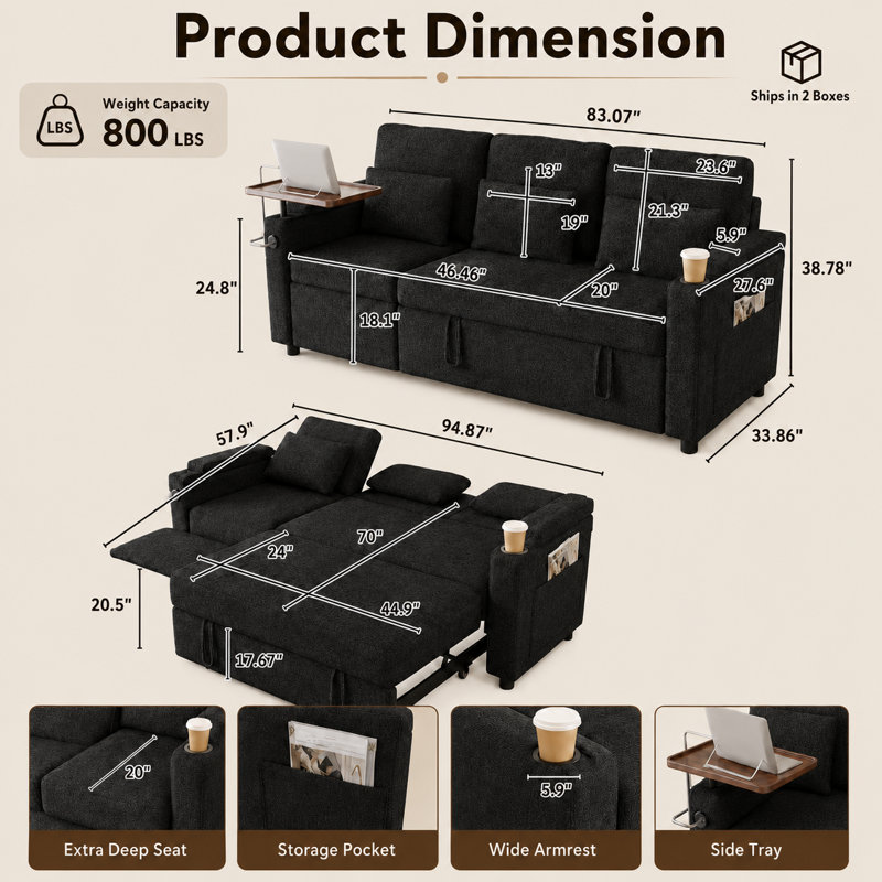 Canapé-lit convertible de 83 po avec canapé-lit, port USB et table d'appoint, Black