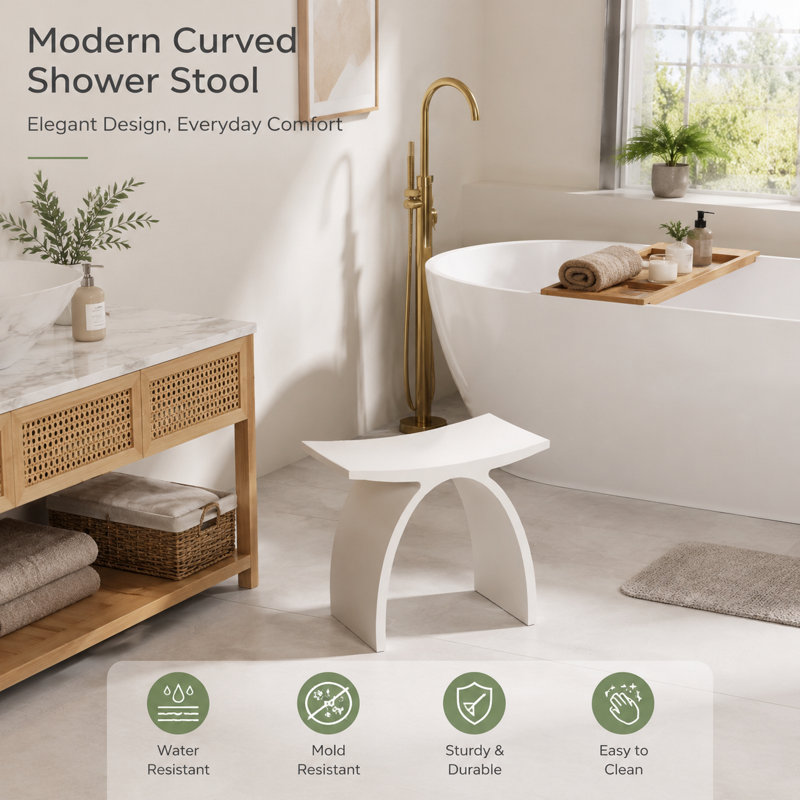 Timeless Flow Matte White Solid Surface Stone Resin Bathroom Stool Ergonomic Non Slip Shower Bench