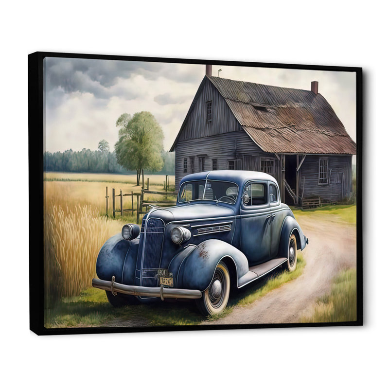 «Old Blue Car at the Barn», reproduction sur toile, H 24 po x l 32 po x P 1 po, Cadre flottant noir