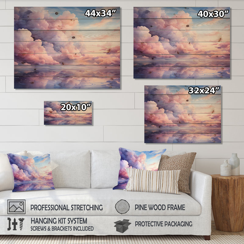 Rose et bleu ciel pastel coloré III - Ciel sur bois, H 34 po x l 44 po x P 0,78 po