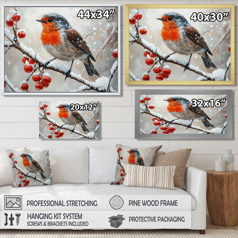 «Winter Robin Bird In The Forest III» - art mural oiseau, H 24 po x l 32 po, Cadre flottant, Blanc
