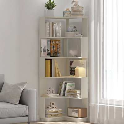 Bibliothèque de coin autoportante en forme de L à 6 niveaux pour salon, chambre à coucher, bibliothèque en bois avec panneau anti-chute et dispositif anti-basculement, étagère de rangement ouverte pour le bureau à domicile blanc
