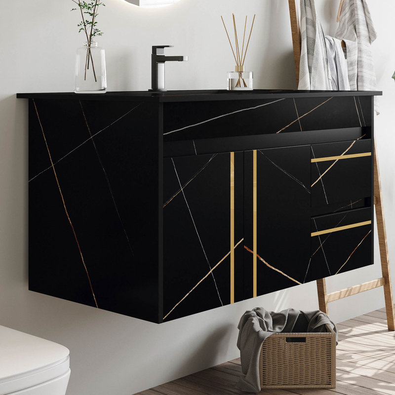 Meuble-lavabo flottant 35,2 po avec lavabo et plateau en faux marbre