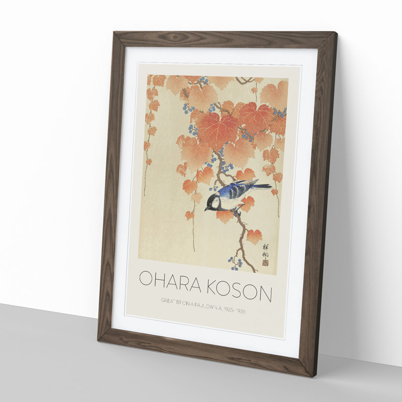 Great Tit On A Paulownia Branch by Ohara Koson - Single Picture Frame Print, 36cm H x 27cm W x 2cm D, Walnut Framed