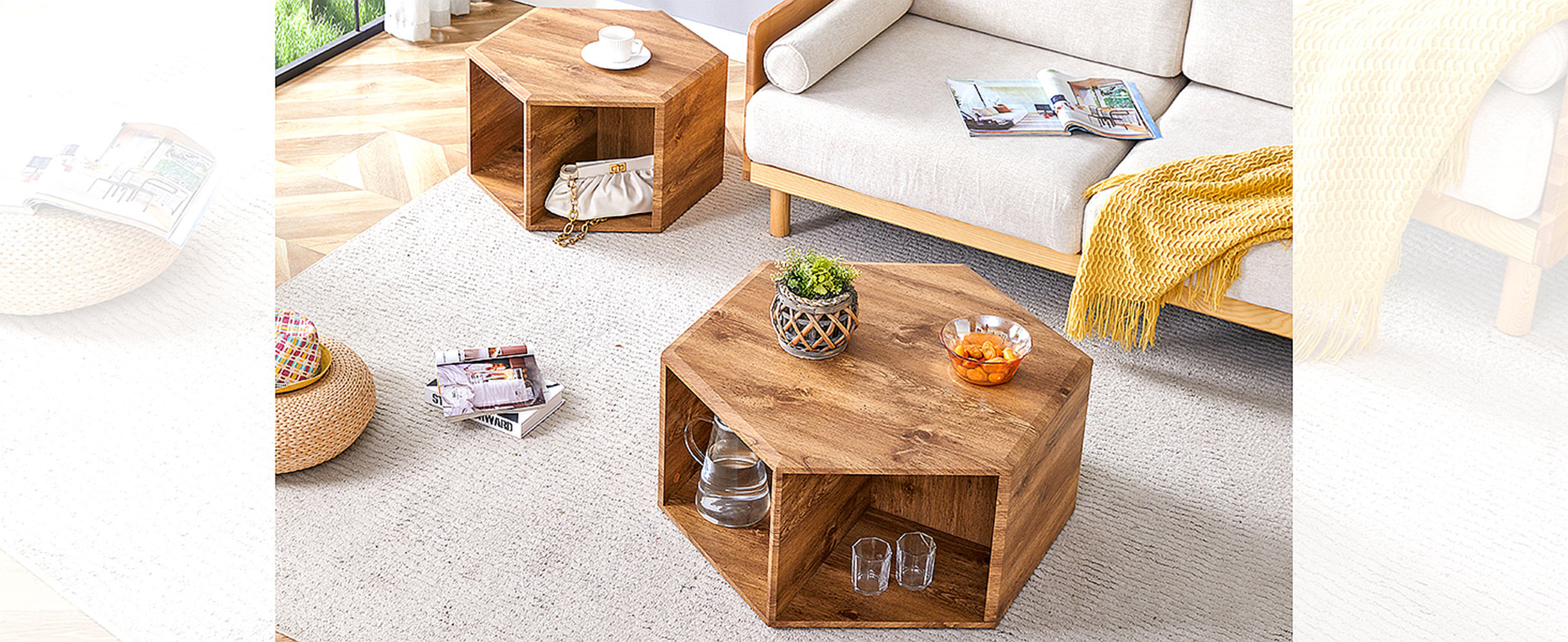 Millwood Pines Modern Minimalist Wood Color Hexagonal Coffee Table Set ...