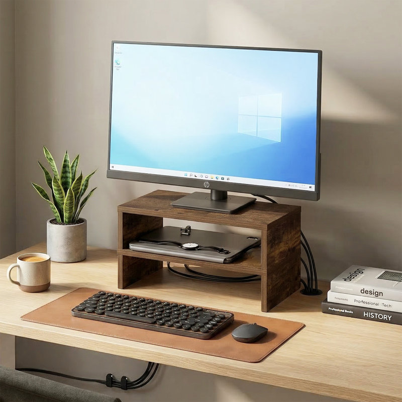 Ensemble de 2 supports pour écrans, support double pour écrans de 15,7 pouces de large, support pour ordinateur portable empilable et séparable pour bureau, accessoires et rangements de bureau, pour fournisseurs de bureau, pin ambré
