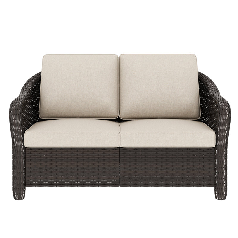 Outdoor Patio Wicker Loveseat With Cushions, Beige