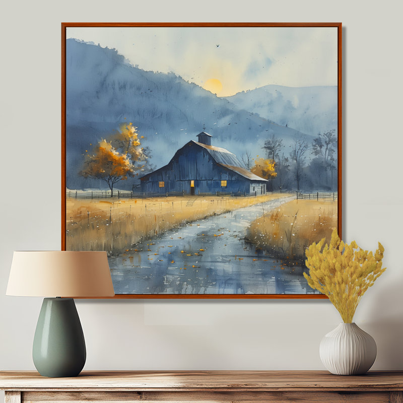 «Yellow Autumn Barn Golden Hour II - Barn Wall Art Living Room», Toile avec cadre flottant brun, H 16 po x l 16 po x P 1 po