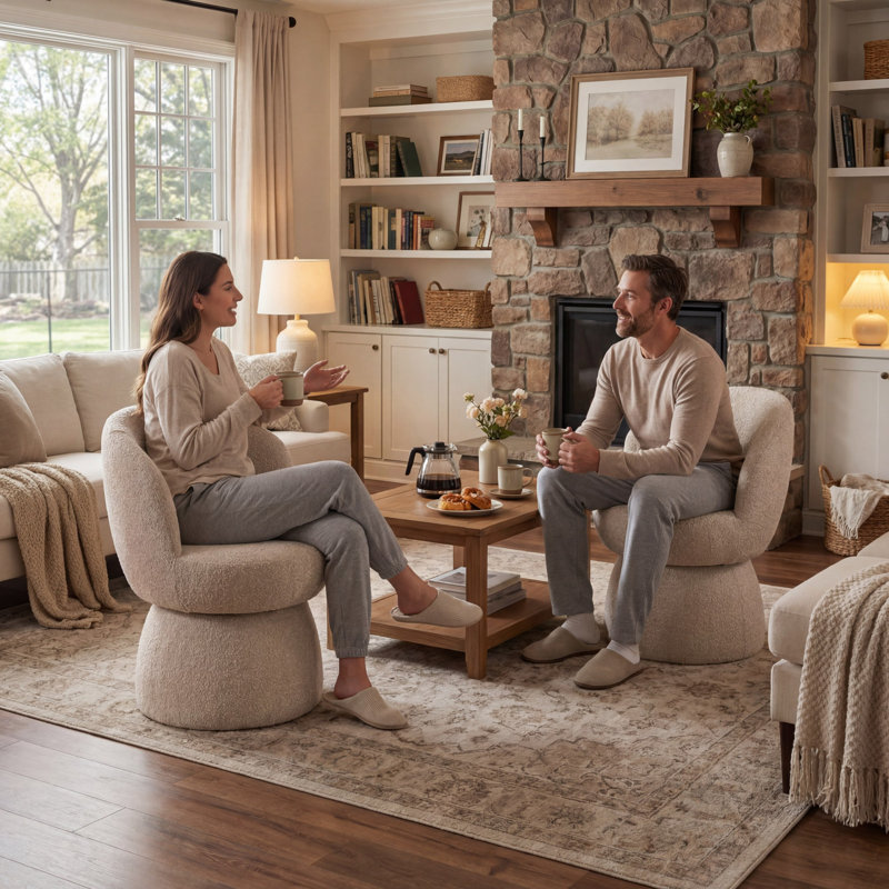Upholstered Boucle Accent Chair Swivel Armless Barrel Chiar, Beige/Coffee Polyester Blend