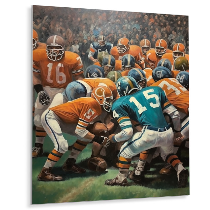 Orange des années 1970, Football Clash II - art mural en métal Football, H 32 po x l 16 po x P 1 po