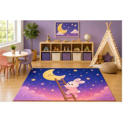 Tapis pour enfant lapin grimpant 5 pi x 7 pi «Ultra Léger», échelle de lapin mignonne, croissant, lune, étoiles, dessin, Kawaii
