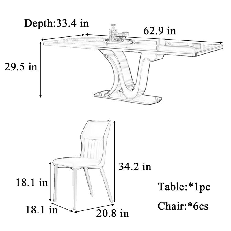 Table et chaise de luxe domestique, H 29,5 po x L 62,9 po x l 33,4 po, Blanc / brun