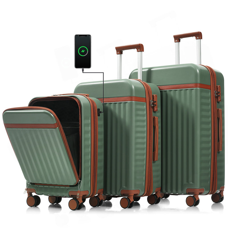 Ensemble de 3 valises de 20 pouces avec port USB, ouverture frontale certifiée, bagage à main rigide en ABS avec roues pivotantes