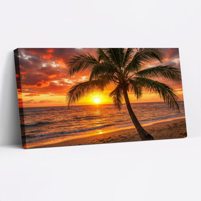 Tropical Sunset Palm Tree Beach Scene Canvas Wrapped Wall Art Set Of 1