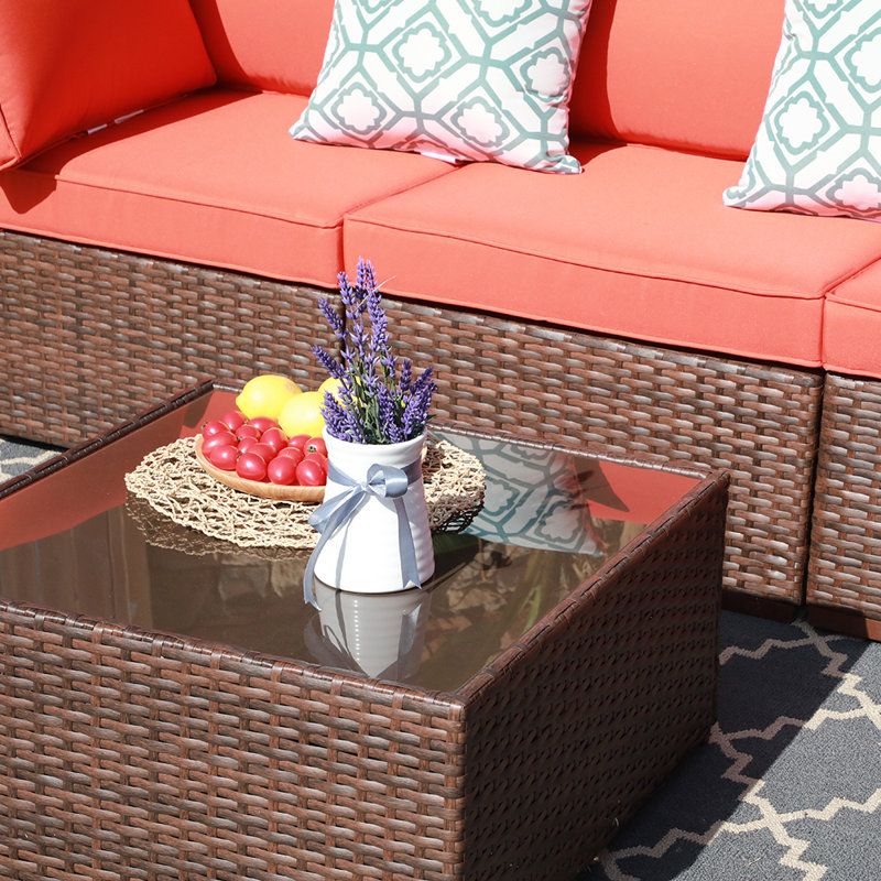 Alexaundra 5 - Person Modular Patio Conversation Set with Cushions, Brown Frame/Orange Cushion