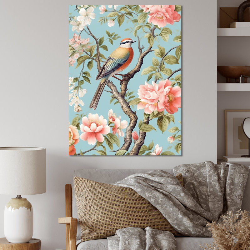 Chinoiserie, oiseaux et pivoines II, H 20 po x l 12 po x P 1 po, Toile tendue