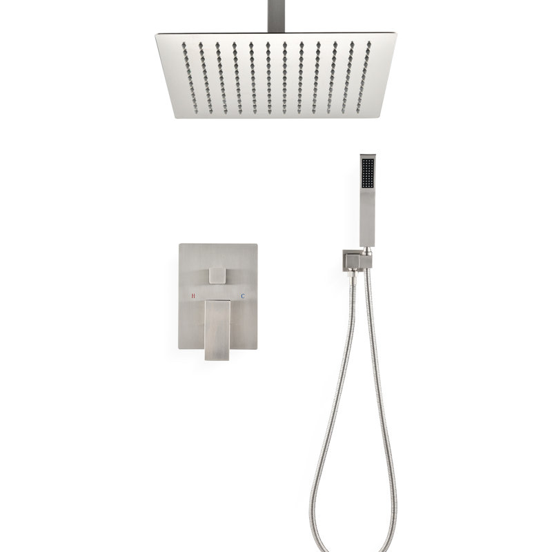 Ceiling Mounted Shower In Brushed Nickel Style. 10" Head & Handheld . Simulates Natural Rainfall. Self-Cleaning Nozzle. Bathroom. Brass Made Gear Handheld. Rainfall . Bathroom .