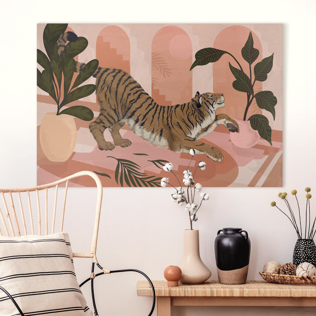 Leinwandbild Illustration Tiger in Pastell Rosa Malerei