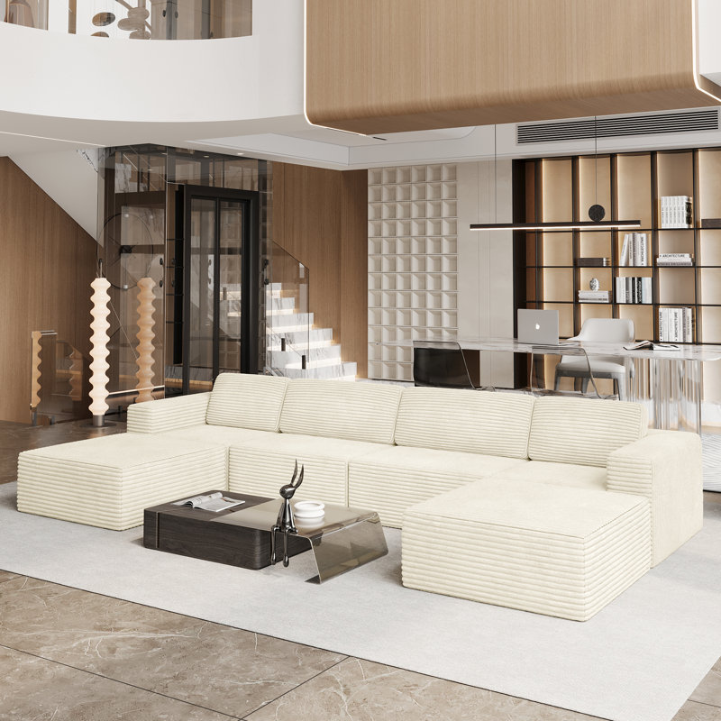Modular Corduroy 404cm 4-seater Sofa With 2 Ottomans, No Assembly Required, With High Rebound Sponge, Beige