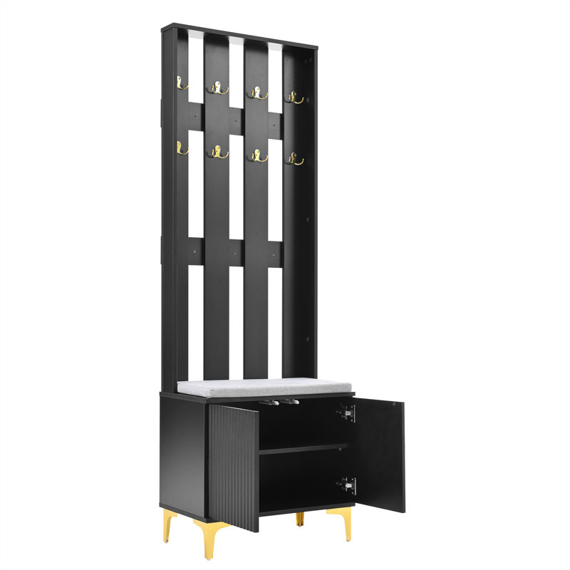 ON-TREND Modern Luxury 4-In-1 Hall Tree With Cushion, Versatile Coat Rack With 8 Gold Hooks And Legs, Entryway Bench With Adjustable Shelves & Fluted Doors For Hallway, Living Room, Black, 23.6"*70.8"