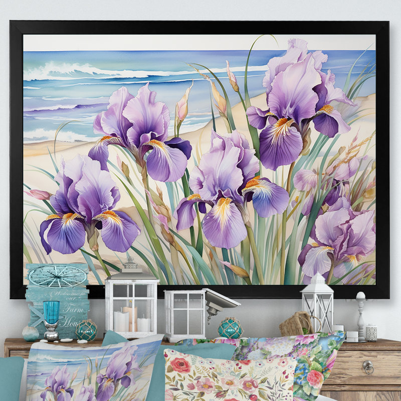 Iris mauves sur la plage sur toile, H 30 po x l 40 po x P 1,5 po, Cadre simple noir