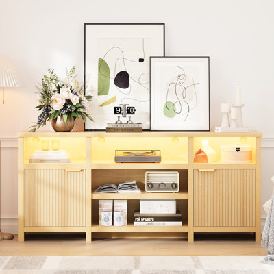 Meuble télé en chêne pour divertissement de 80 pouces, console multimédia au design spacieux, rangement intelligent et assemblage rapide dans le salon