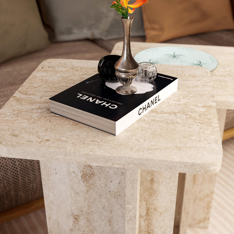 Travertine Look Square Nesting Coffee Table Set of 2 Modern Small End Table for Living Room
