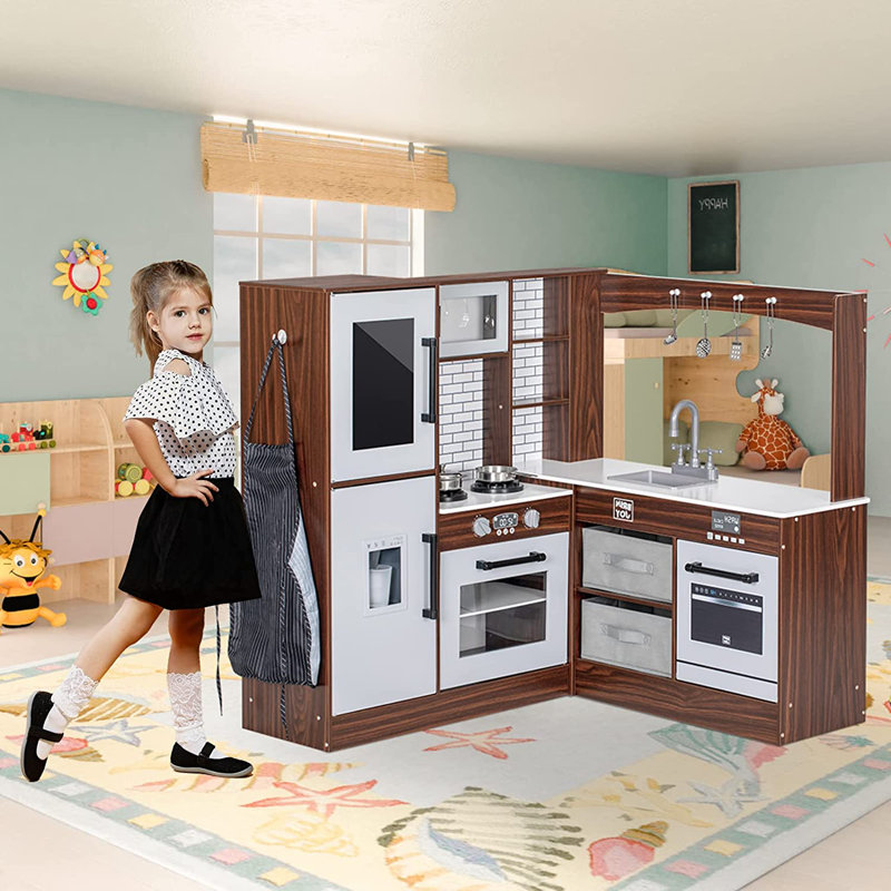 Corner Play Kitchen For Kids, Wooden Pretend Toy Kitchen Playset, Brown