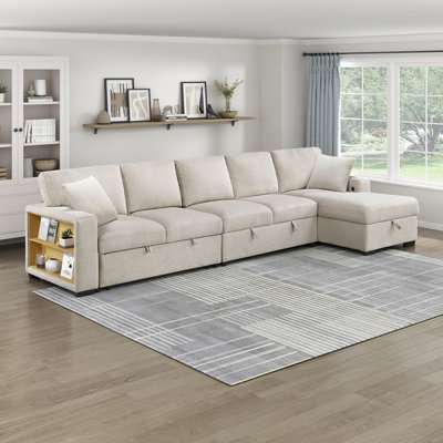 Meserve 144.5" Modern & Contemporary Boucle Sectional with Pull-out Sleeper, USB Charging Ports & Dual Hidden Storage by Latitude Run