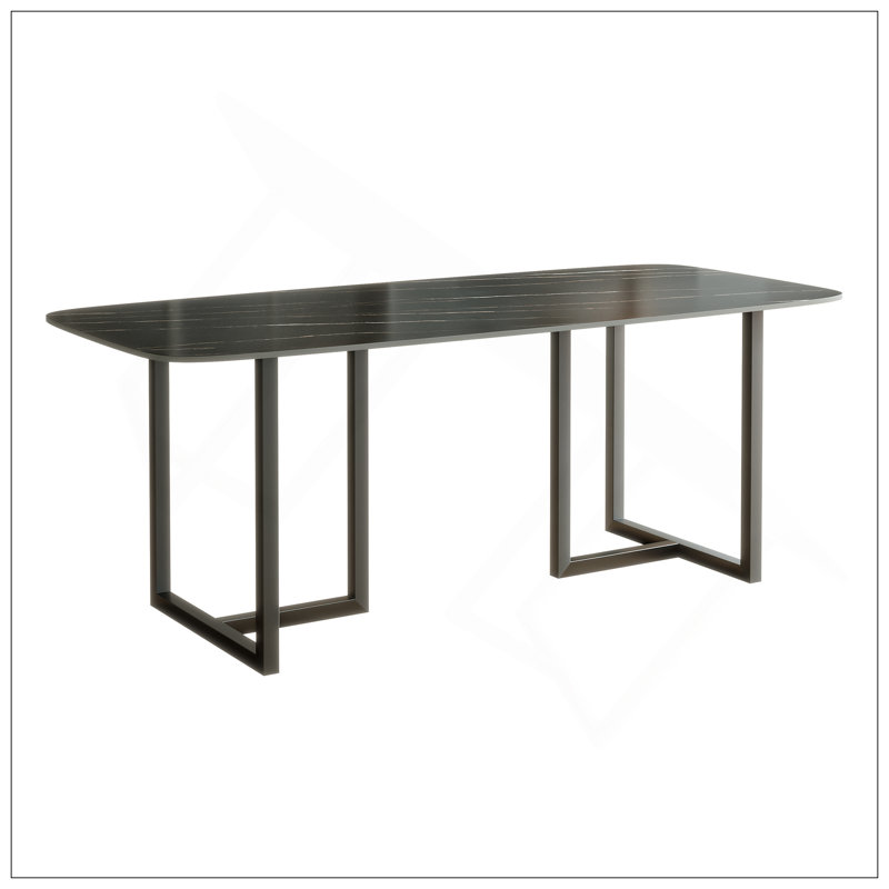 Table de salle à manger en acier au carbone avec surface en pierre noire Lauren - supporte jusqu'à 71 kg