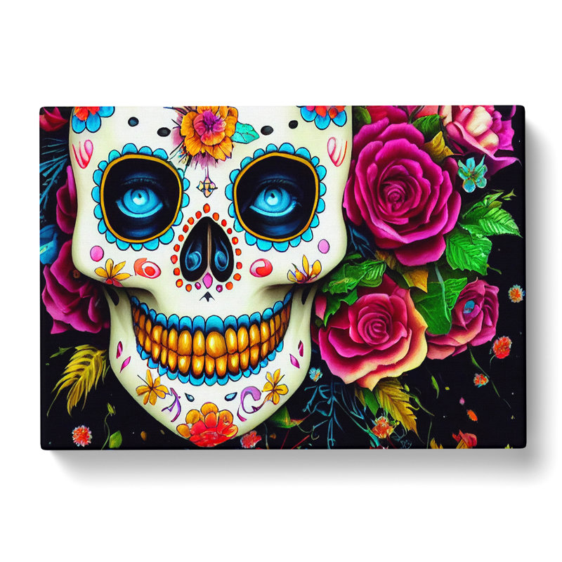 Bold Floral Sugar Skull - Wrapped Canvas, 35cm H x 50cm W x 3cm D