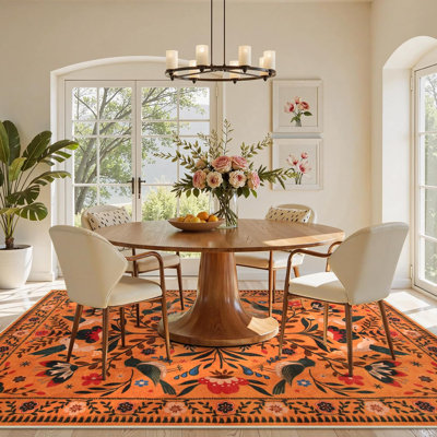  Goldene Boho Washable Botanical Orange Area Rugs for Living Room, Low-Pile Floral Rug with Non Slip Backing For Bedroom Dining Room