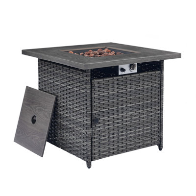Propane Outdoor Fire Pit Table, 30" Rattan Square Fire Pit Table, Outdoor Gas Firepit W/Glass Wind Guard, Tempered Glass Tabletop, Lid, CSA Listed, 50,000 BTU, Outside Patio Deck & Garden