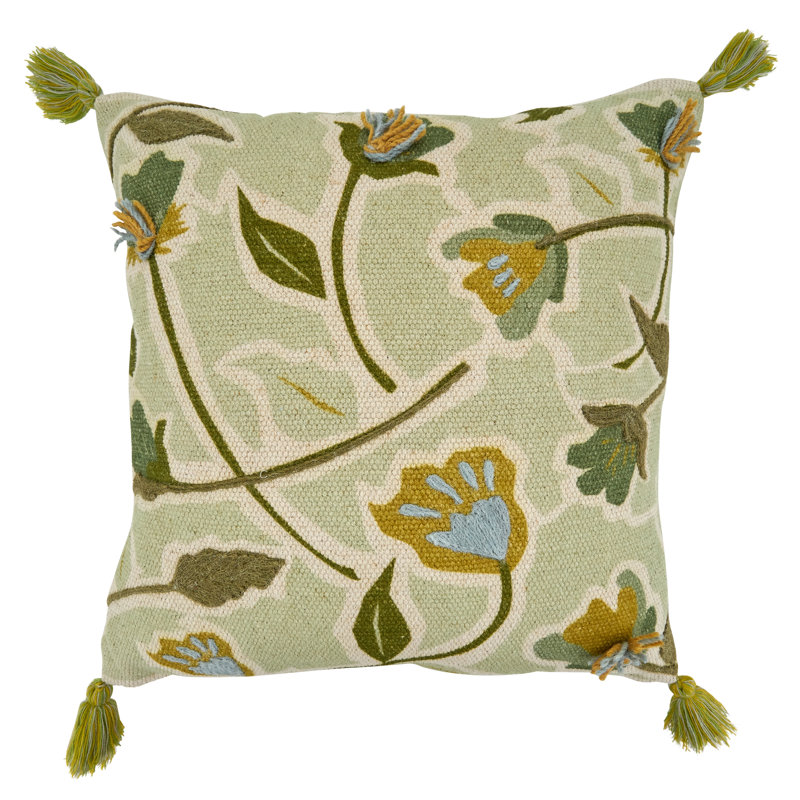 Embroidered Floral Cotton 24" x 16" Throw Pillow with Colorful Tassels