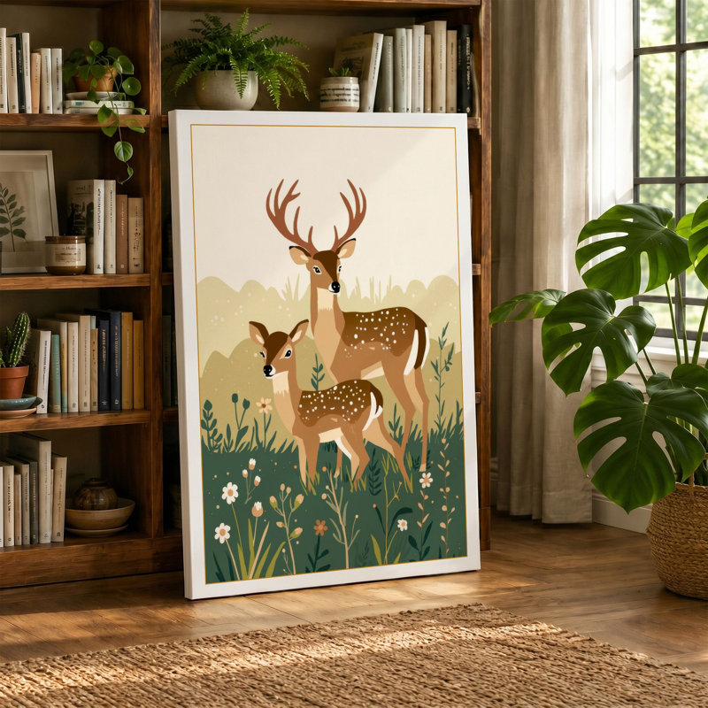 Deer and Fawn Mid-Century - Wrapped Canvas, 30x20 - 76.2 x 50.8 cm, Sage Border