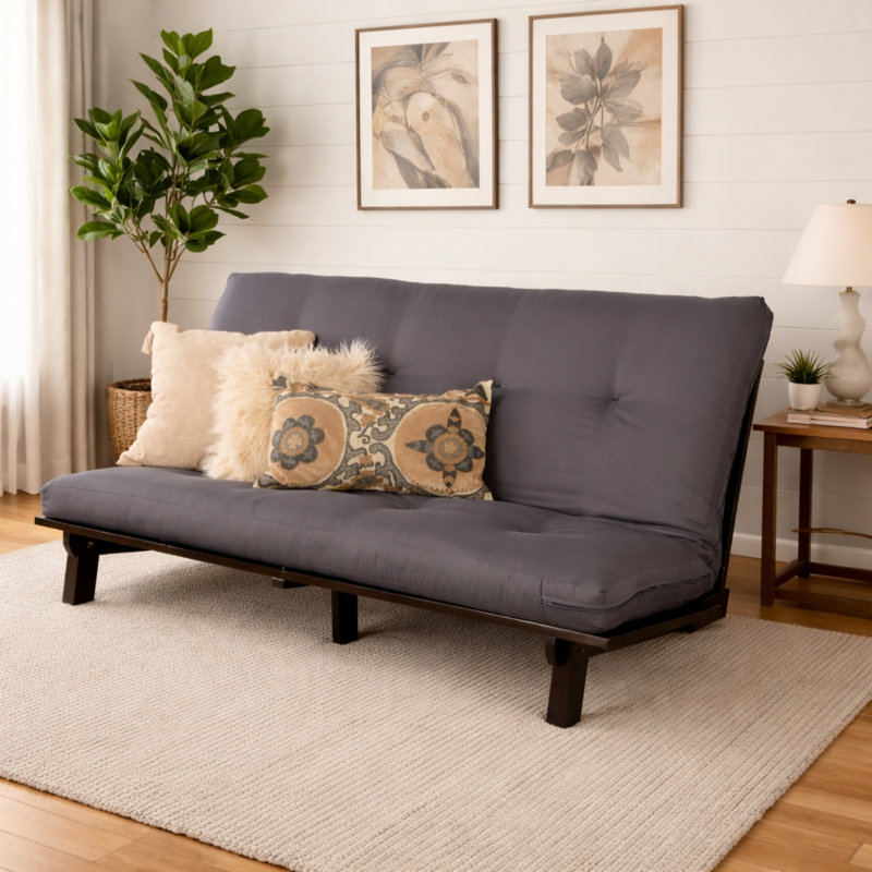 Higden Full / Double 75'' Upholstered Futon And Mattress, Grey Twill Polyester