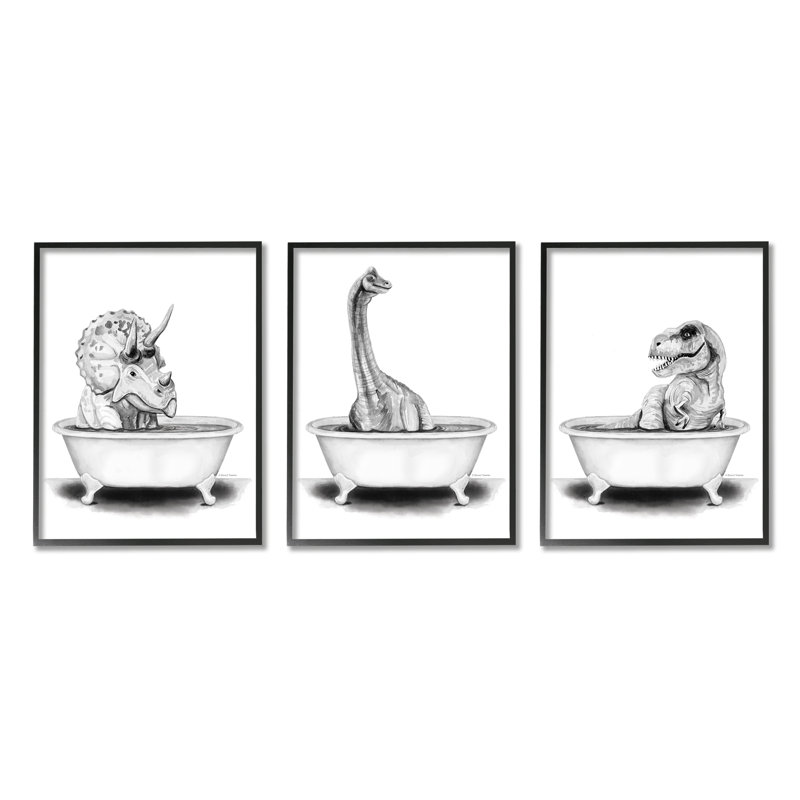 «Dinosaurs Bathing Bath Tub» par Rachel Nieman - ensemble de 3 impressions, Giclée encadrée noir minuit, H 30 po x l 24 po