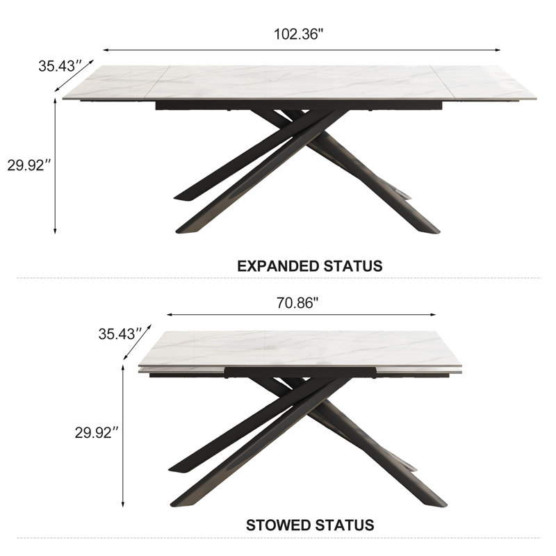 Louina 70.8" to 102.3" Extendable Rectangular Dining Table with Fabric Chairs Dining Set, 11, White/Black, White