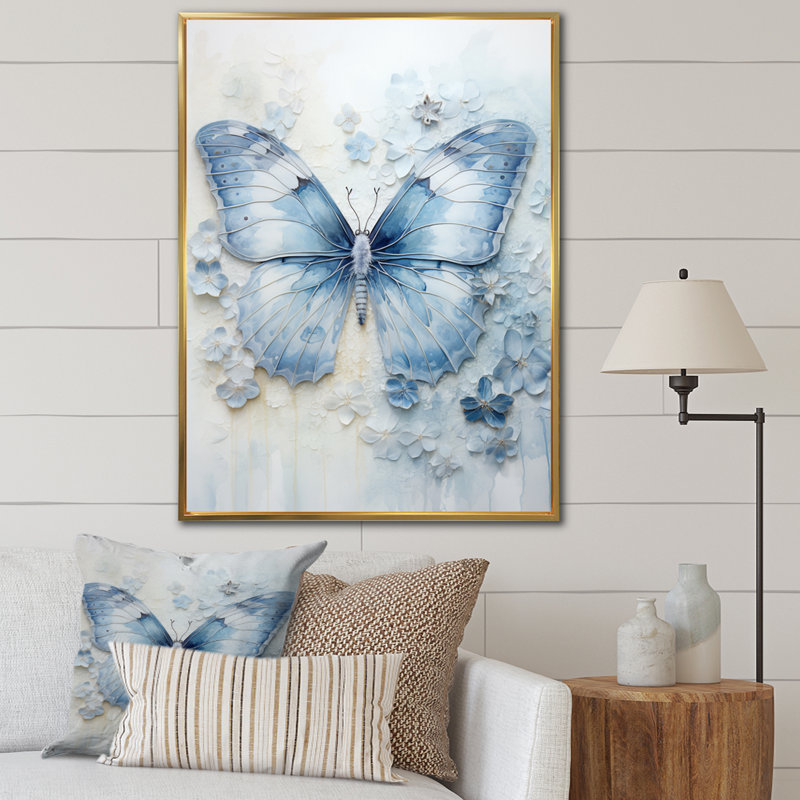 «Blue Butterfly Whispering Wings I», art mural papillon, H 32 po x l 16 po x P 1 po, Cadre flottant doré