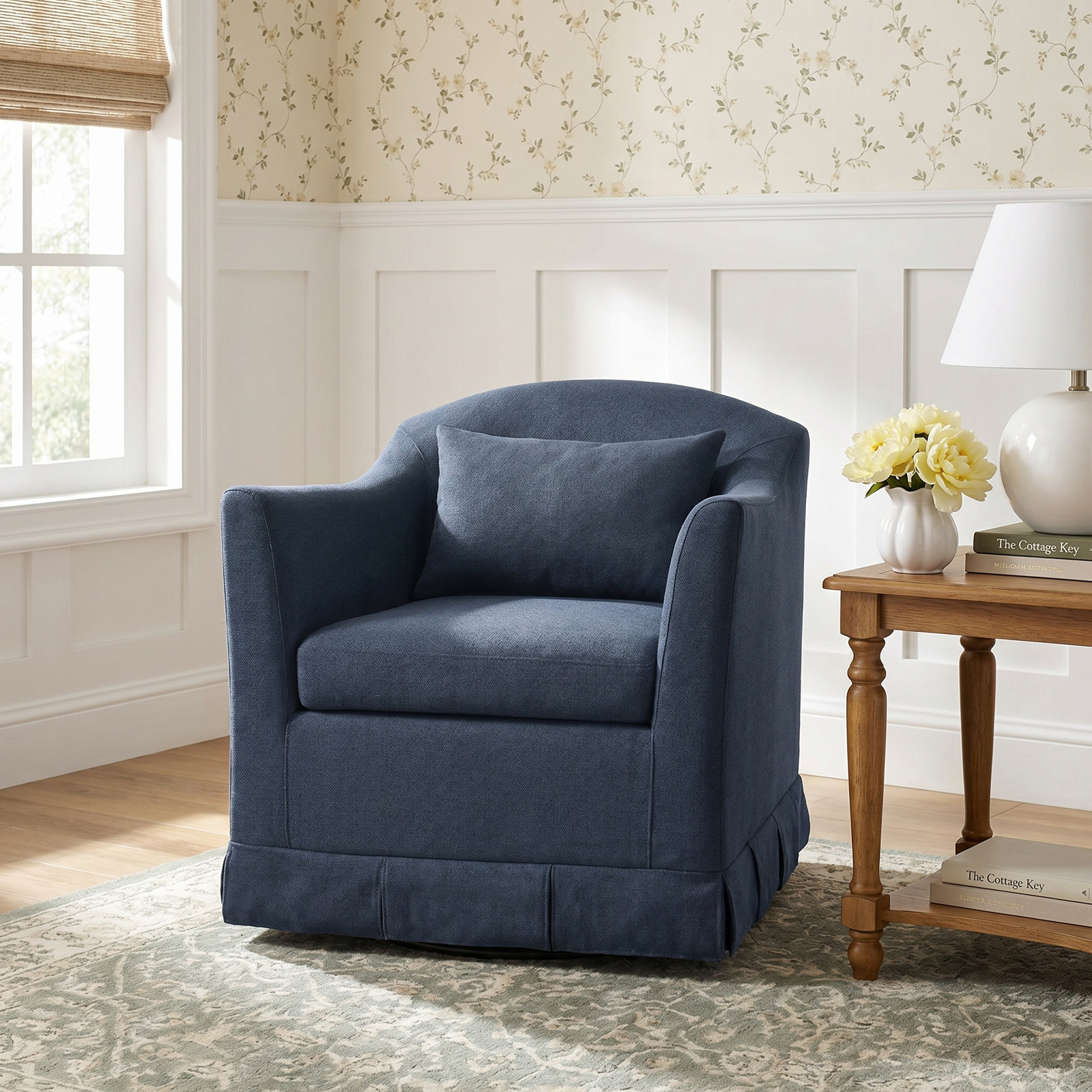 Mcgee Modern Farmhouse Slipcovered Swivel Armchair, Navy Polyester