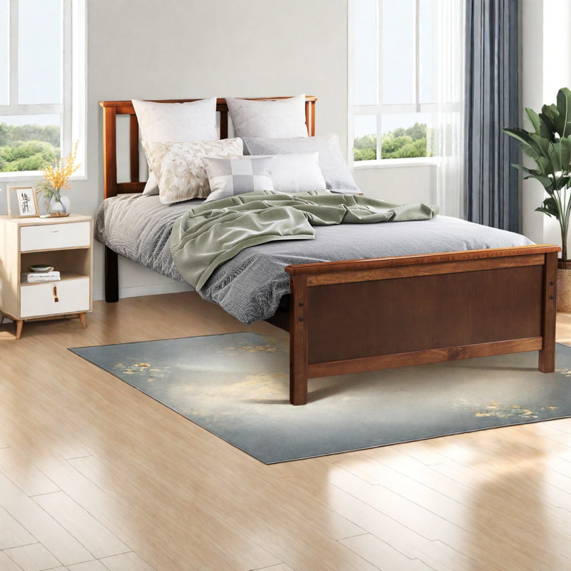 Lit simple en bois durable avec tête de lit, finition noyer rustique