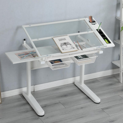 Bureau à dessin avec manivelle et 2 tiroirs en métal (blanc) avec manivelle