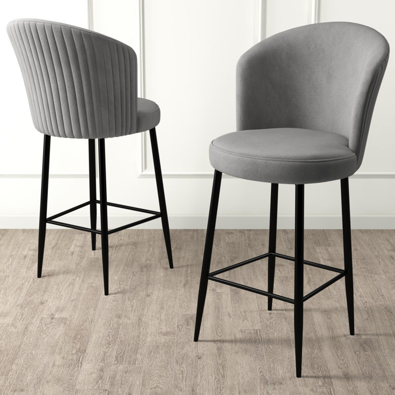 Pearlene Upholstered Velvet Bar Stool, Grey, 2, Black