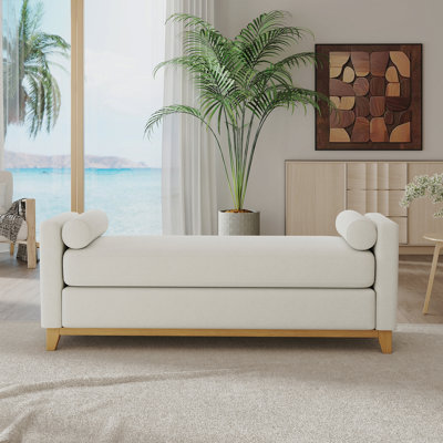 Lit de jour / banc en molleton Sherpa, pieds en bois massif avec coussins - beige