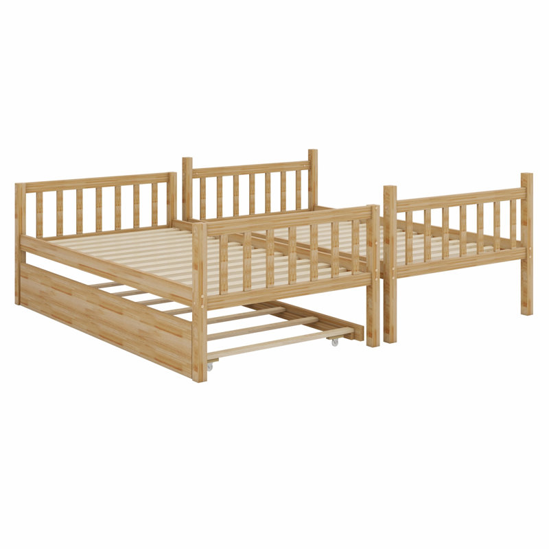 Wood Bunk Bed With Trundle, Convertible Into 2 Individual Single Beds, White Oak